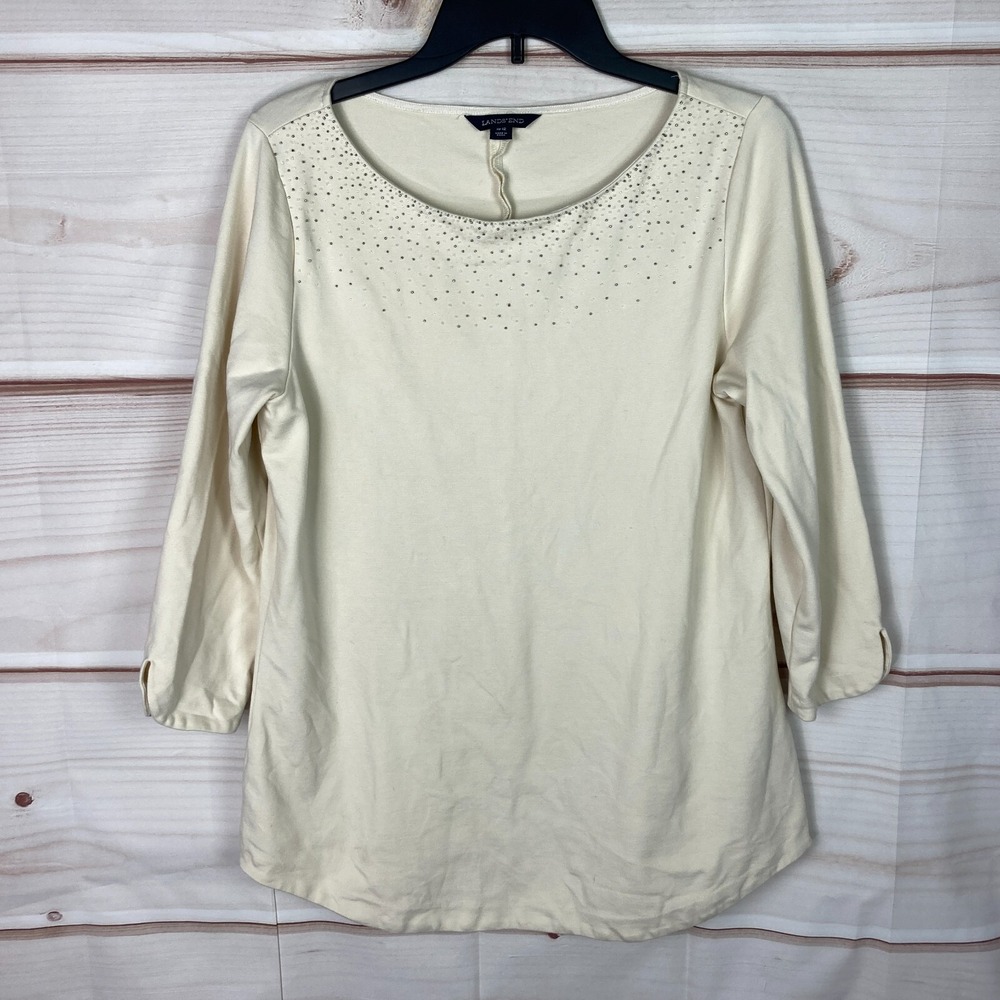 Lands End Top Womens M Ivory Ponte Knit Tunic 3/4 Sleeve Beaded Neck Boat Neck